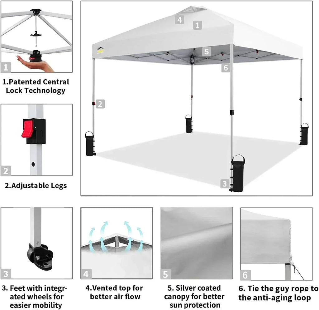 10x10 Pop-Up Awning One-Click Installation Beach Tent Outdoor Sunshade Silver Coated Top