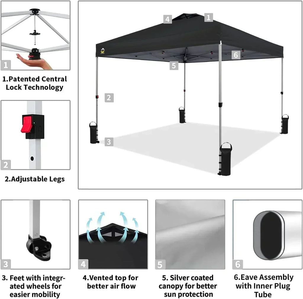 10x10 Pop-Up Awning One-Click Installation Beach Tent Outdoor Sunshade Silver Coated Top