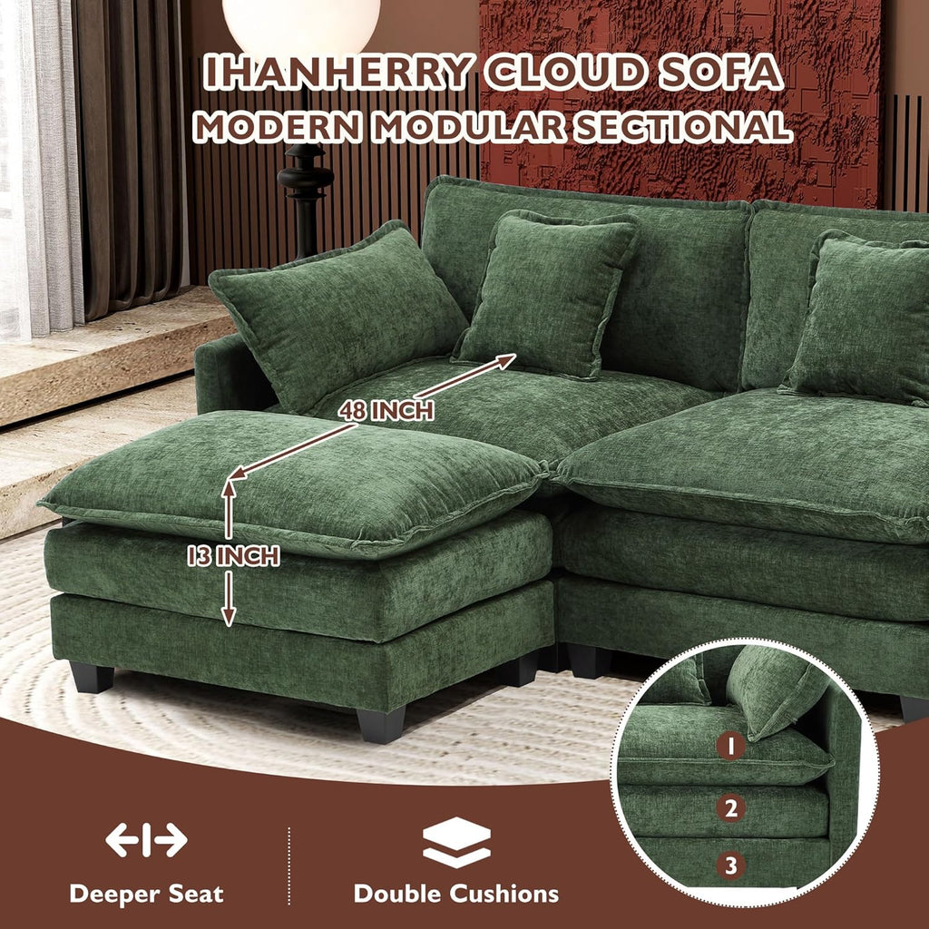 111.4 Inch L Shaped Modern Sofa Modular Cloud Sofa with Ottoman 4 Seater Chenille Deep Seat Sofa