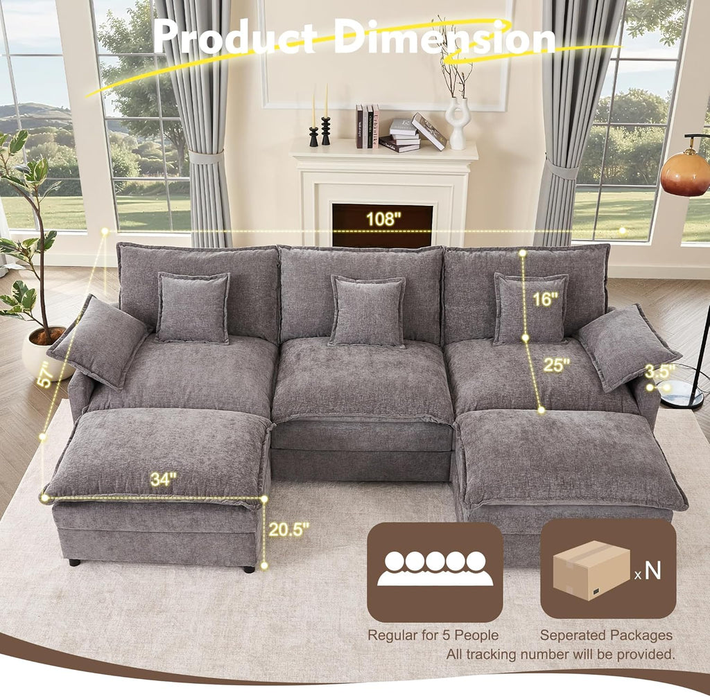 108 Inch U Shape Sofa Sectional Sofa Comfortable Cloud Sofa with Removable Footstool