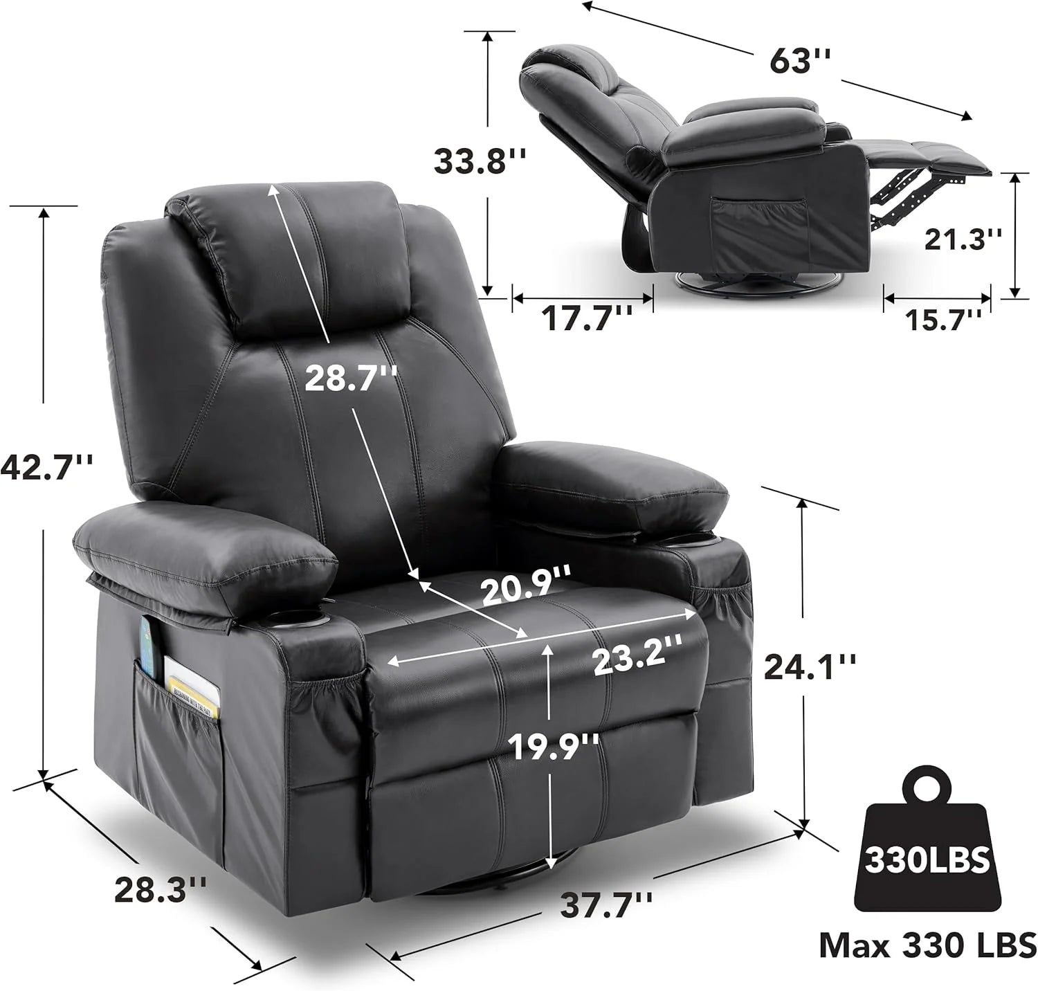 Large Swivel Rocking Recliner with Heating and Massage Function, 360 Degree Swivel Rocking Single Sofa