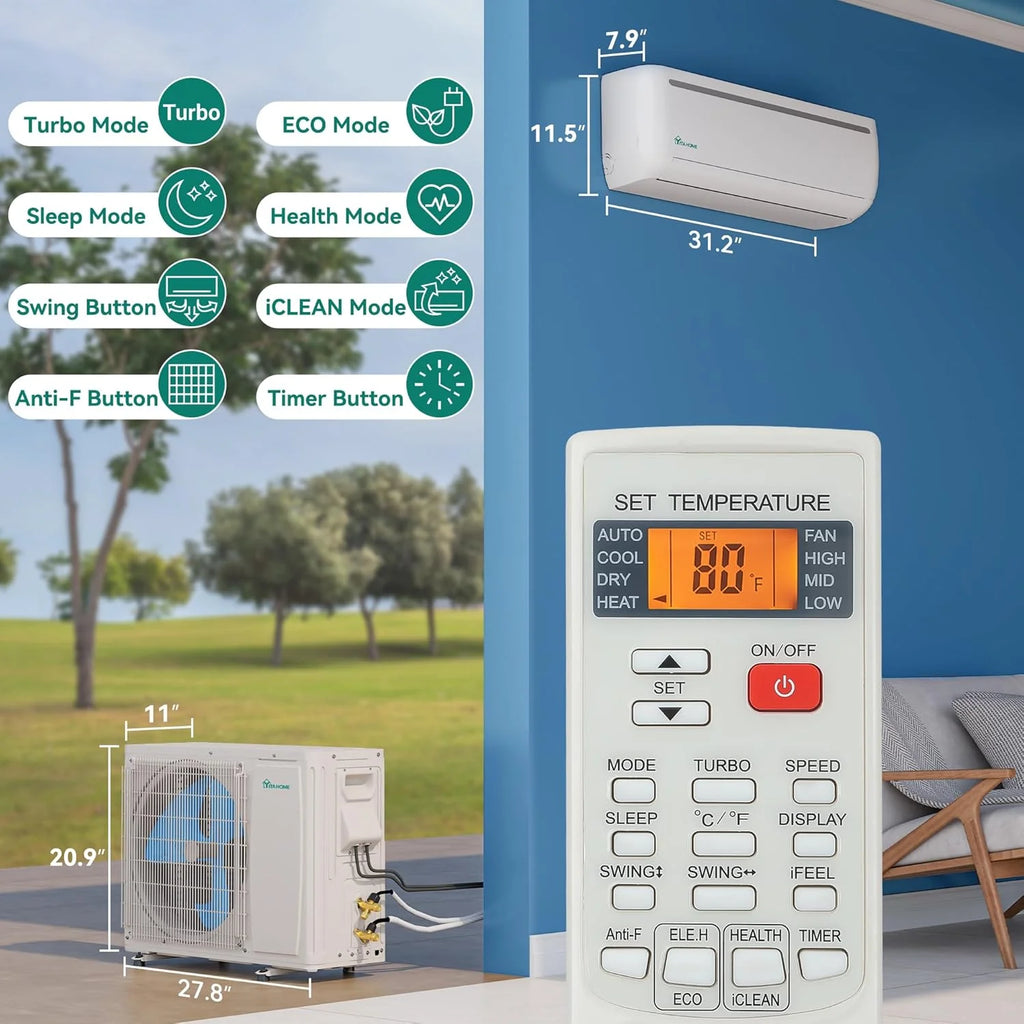 12000 BTU Mini Split Air Conditioner Heat Pump System, Wifi Enabled 20 SEER2 115V Inverter Ductless AC Cool Up to 750 Sq. Ft, Compatible with Alexa, Complete Installation Kit, White