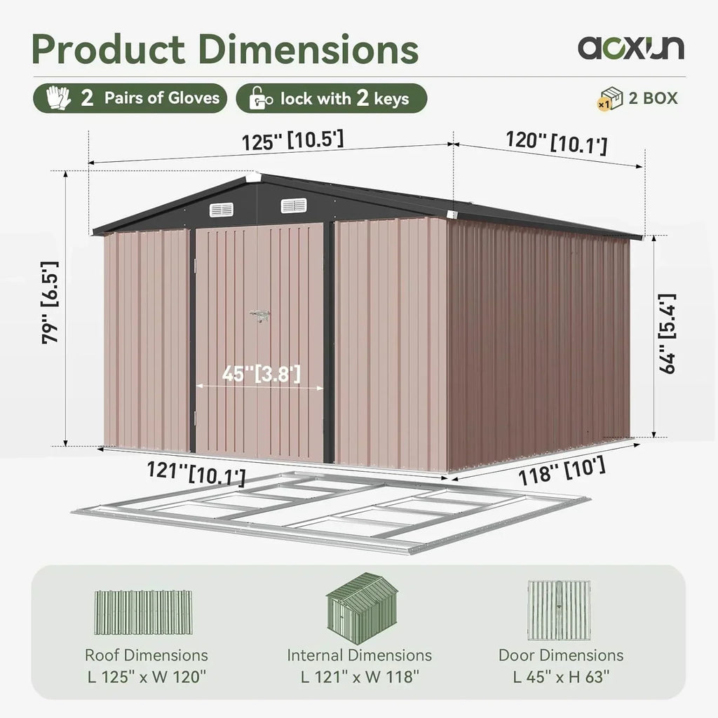 Aoxun 12x10 FT Shed Metal Outdoor Waterproof Storage Shed Steel Utility Garden Tool Shed