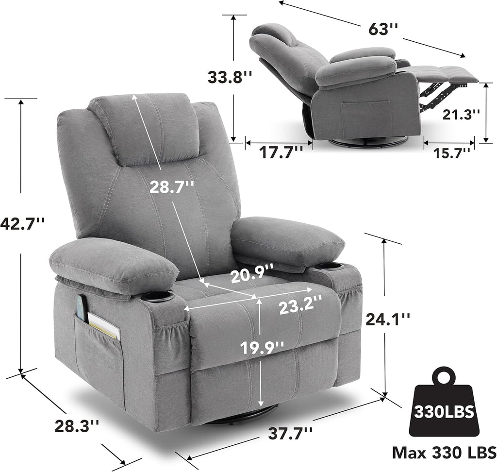 Large Swivel Rocking Recliner with Heating and Massage Function, 360 Degree Swivel Rocking Single Sofa