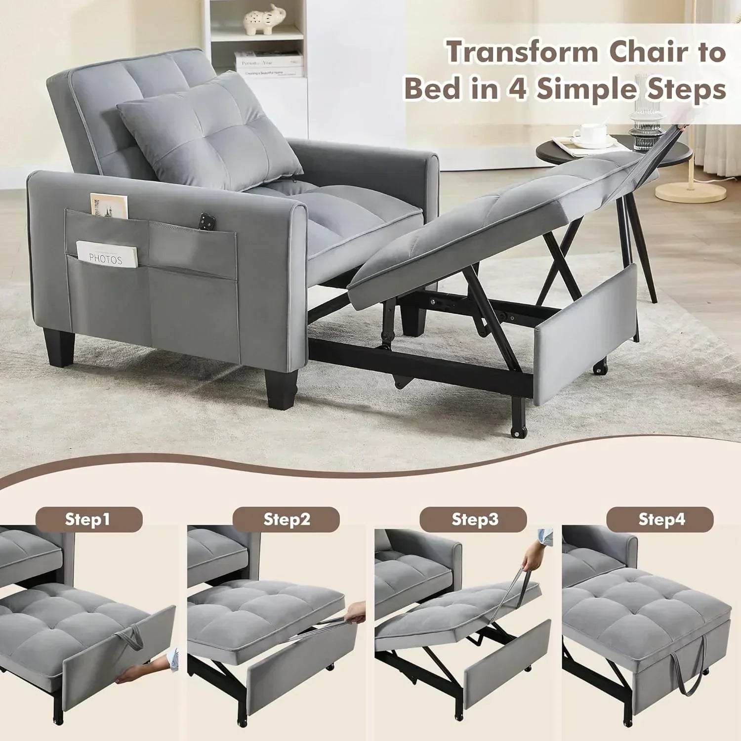 Convertible Sleeper Chair 3 in 1 Sleeper Chair Bed Pull Out Sofa Bed Chairs Velvet Single Sofa