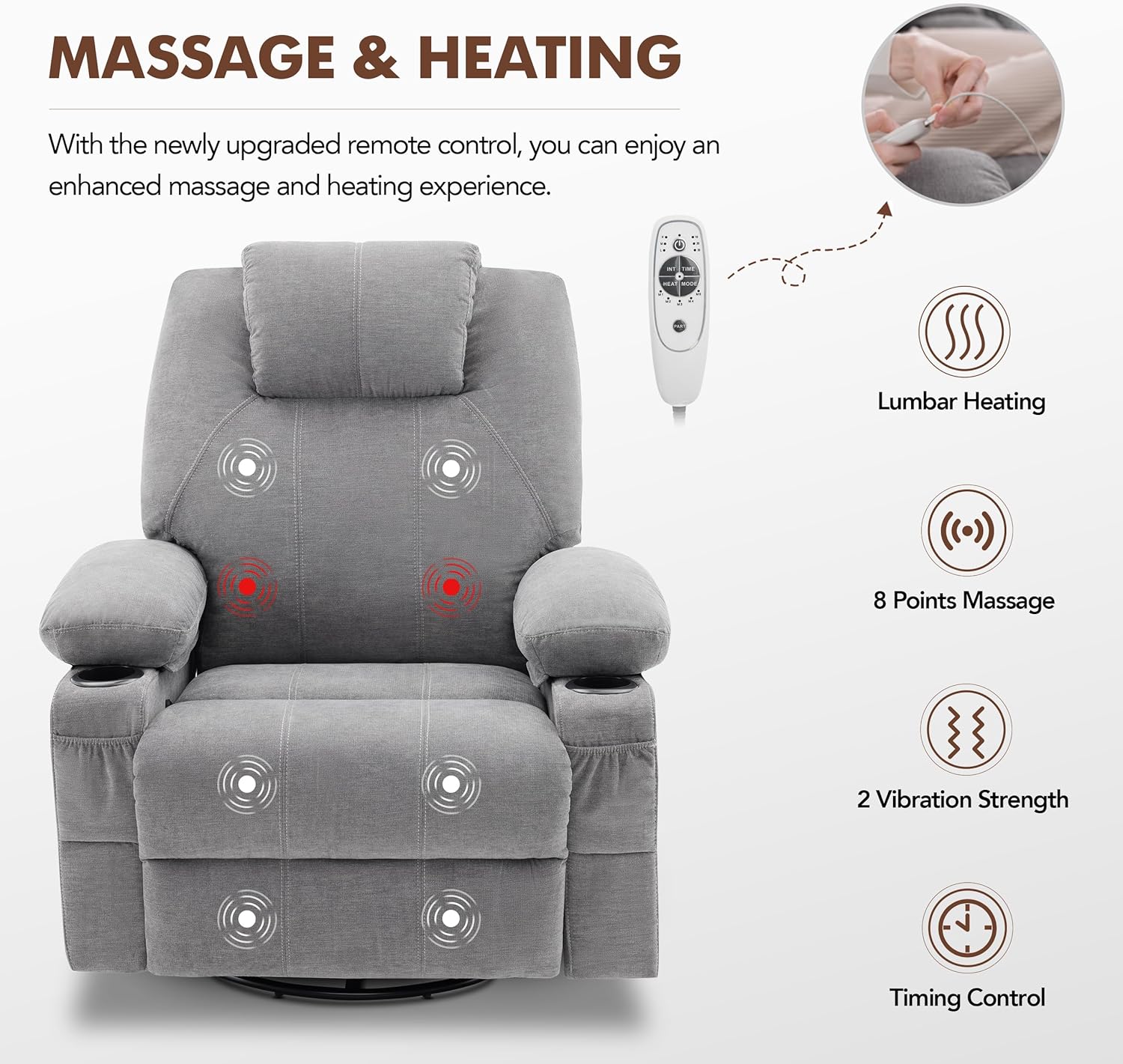 Large Swivel Rocking Recliner with Heating and Massage Function, 360 Degree Swivel Rocking Single Sofa