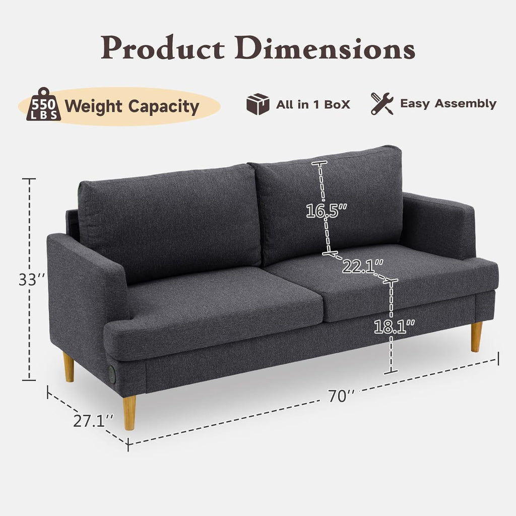 Loveseat Sofa Couch for Living Room USB Type C Ports Dark Gray Upholstered Small Couches