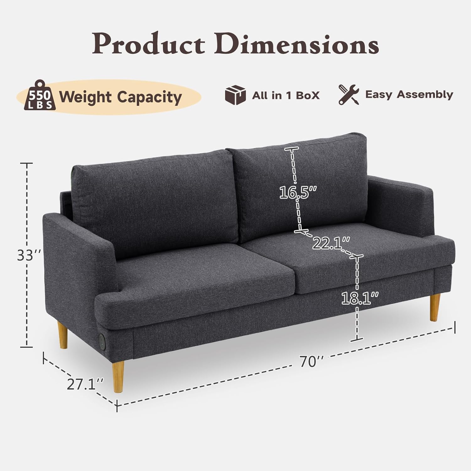Loveseat Sofa Couch for Living Room USB Type C Ports Dark Gray Upholstered Small Couches