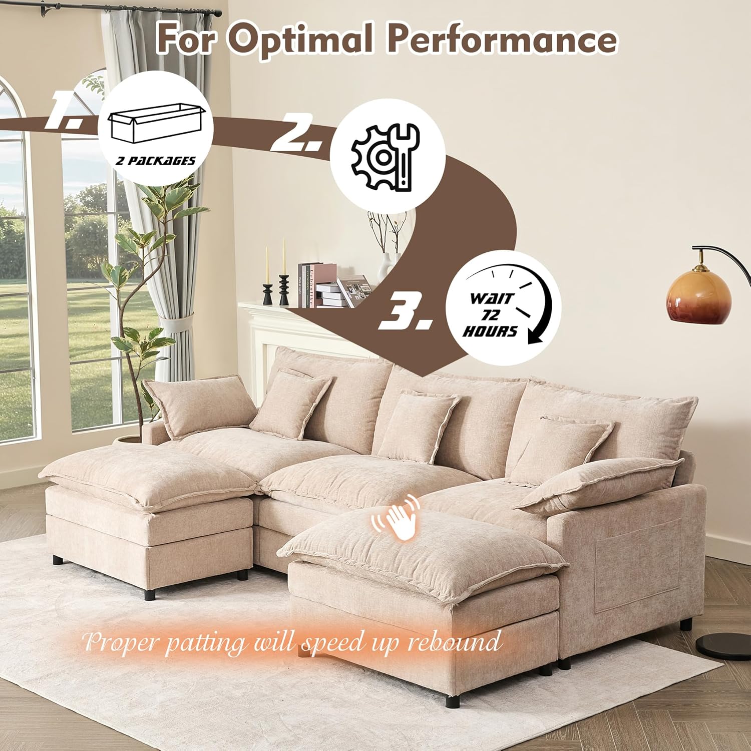 108 Inch U Shape Sofa Sectional Sofa Comfortable Cloud Sofa with Removable Footstool