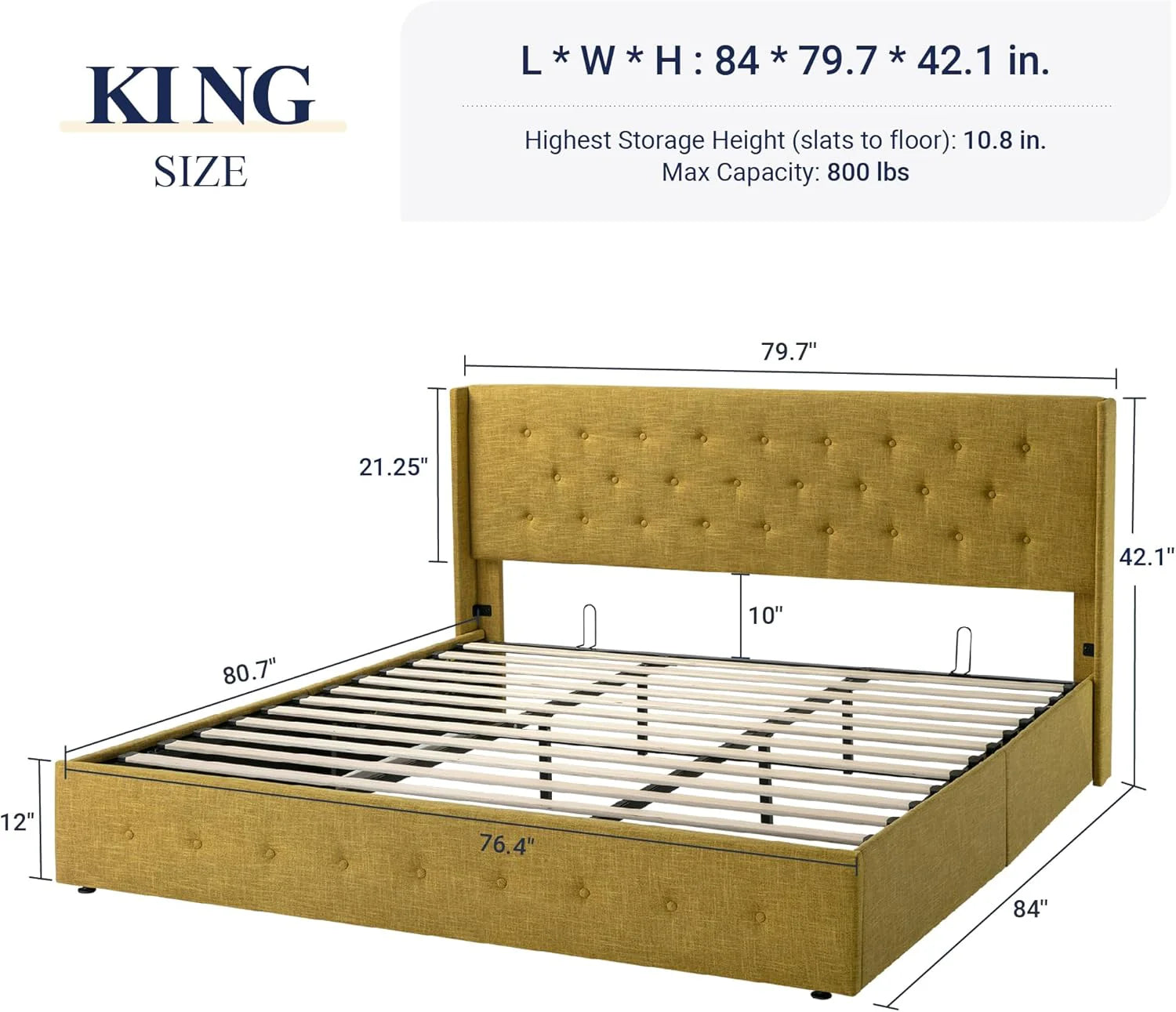Allewie Queen Size Lift Up Storage Bed Modern Wingback Headboard Hydraulic Support