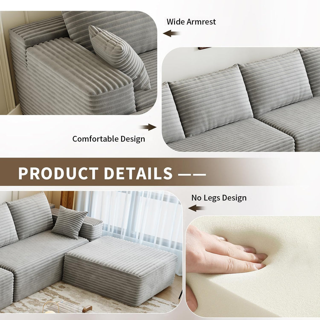 107.5 inch Cloud Modular Sectional Sofa with L-Shaped Chaise Lounge, Modern Minimalist Upholstered Sofa Deep Seating Corner Sofa