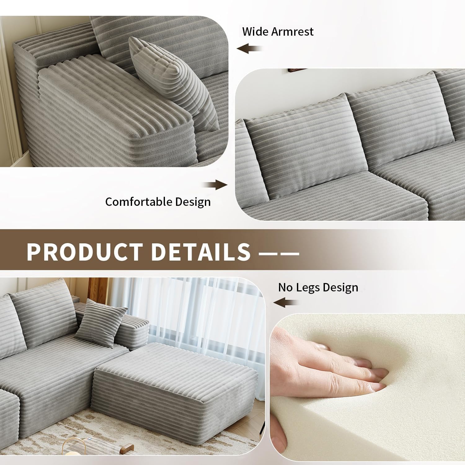 107.5 inch Cloud Modular Sectional Sofa with L-Shaped Chaise Lounge, Modern Minimalist Upholstered Sofa Deep Seating Corner Sofa