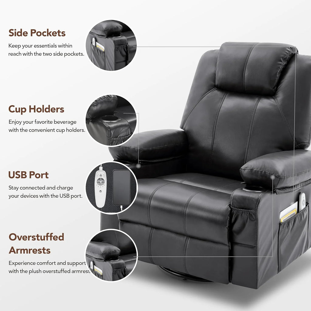 Large Swivel Rocking Recliner with Heating and Massage Function, 360 Degree Swivel Rocking Single Sofa