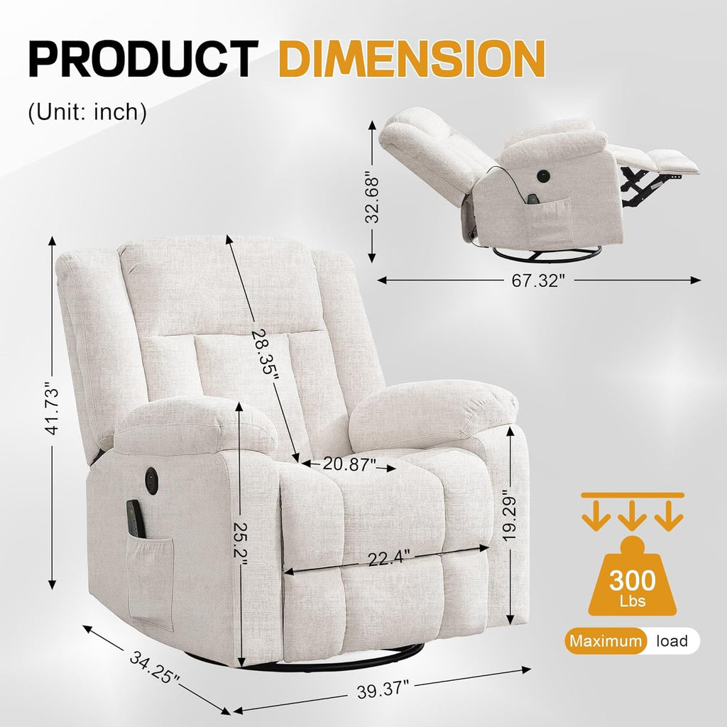 Adult rocking chair, gliding recliner, 360° rotating rocking chair with massage and heating function