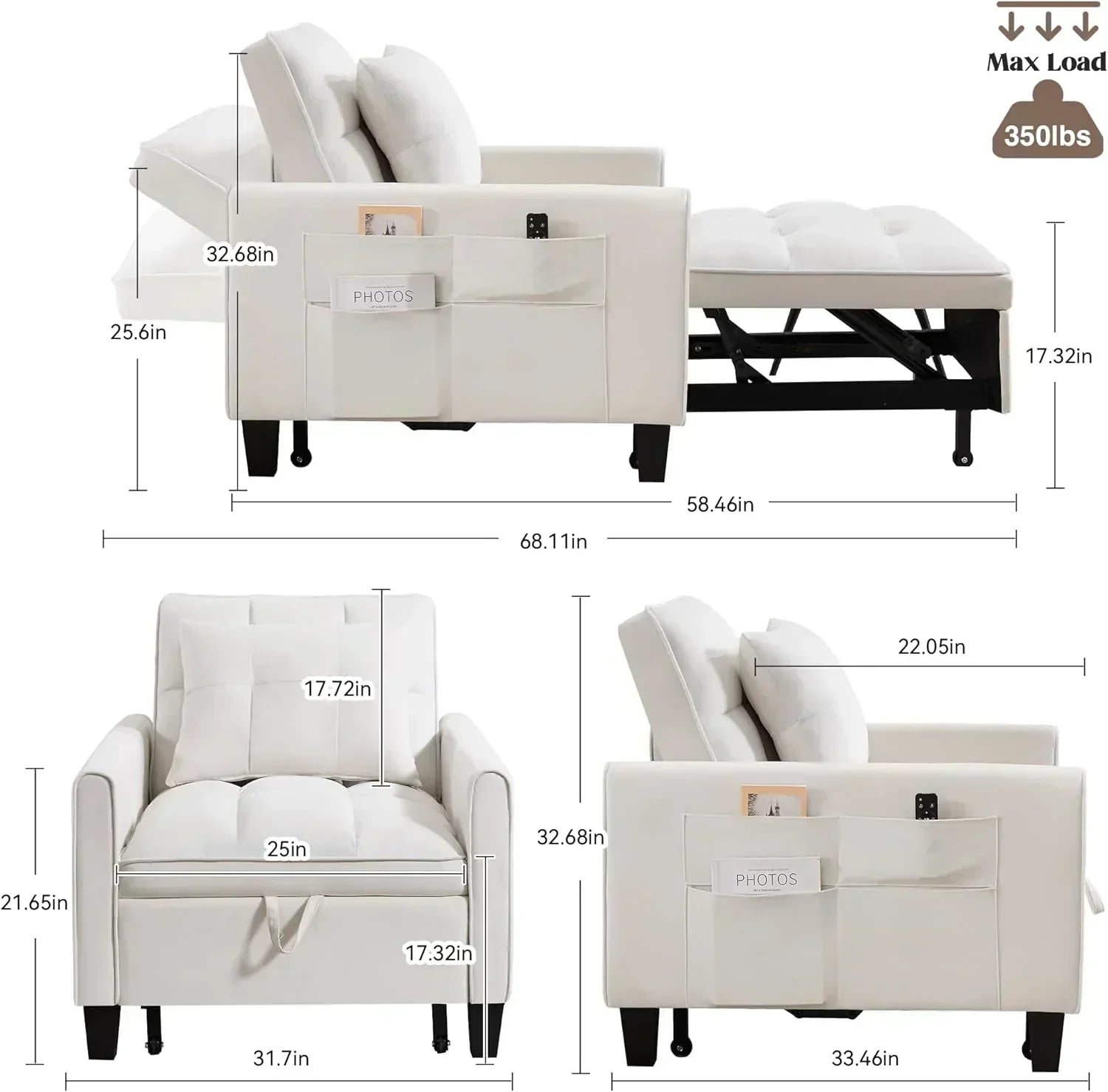 Convertible Sleeper Chair 3 in 1 Sleeper Chair Bed Pull Out Sofa Bed Chairs Velvet Single Sofa