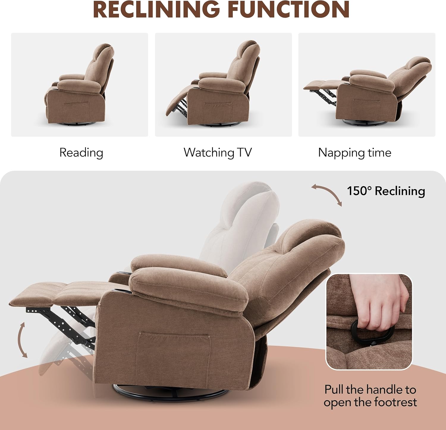 Large Swivel Rocking Recliner with Heating and Massage Function, 360 Degree Swivel Rocking Single Sofa