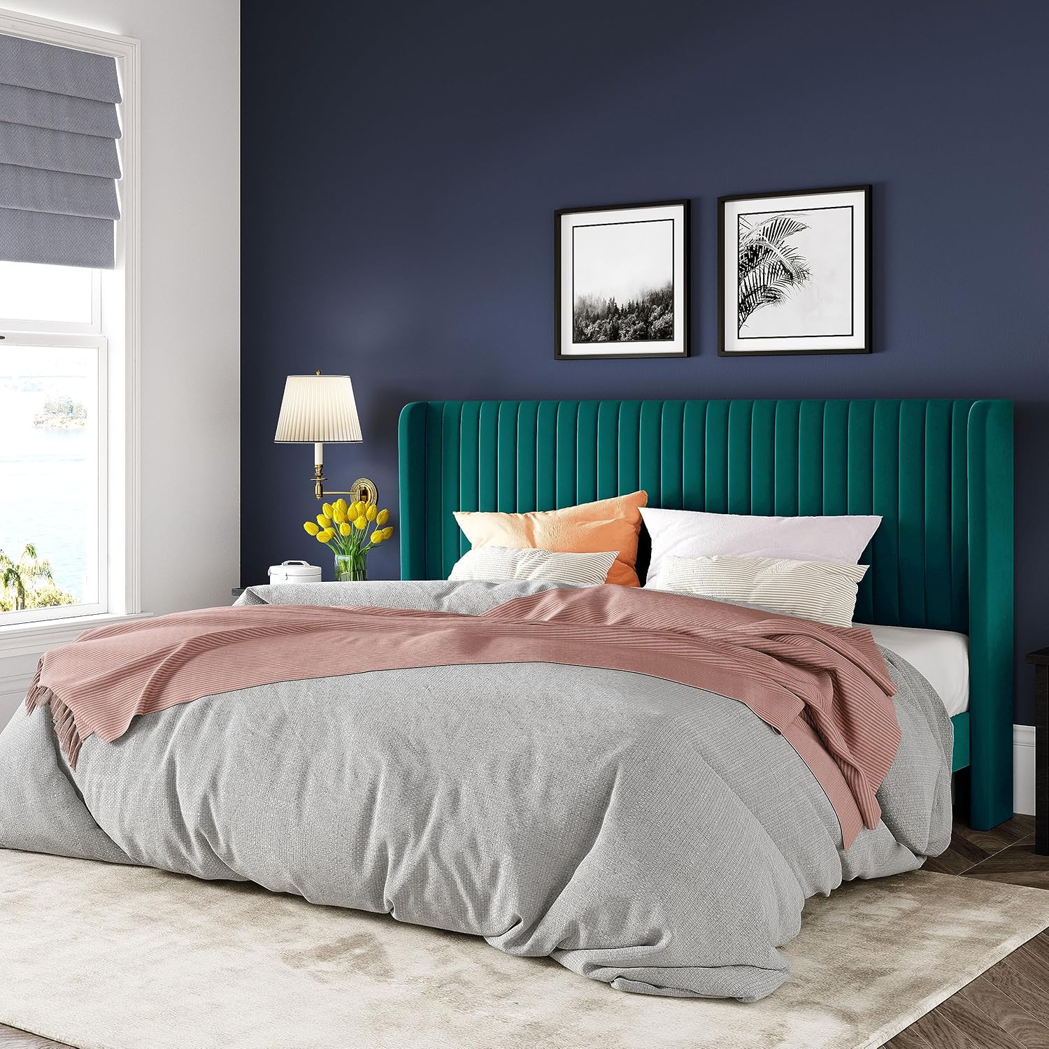 Allewie Full Size Velvet Bed Frame Vertical Channel Tufted Wingback Headboard Upholstered Bed