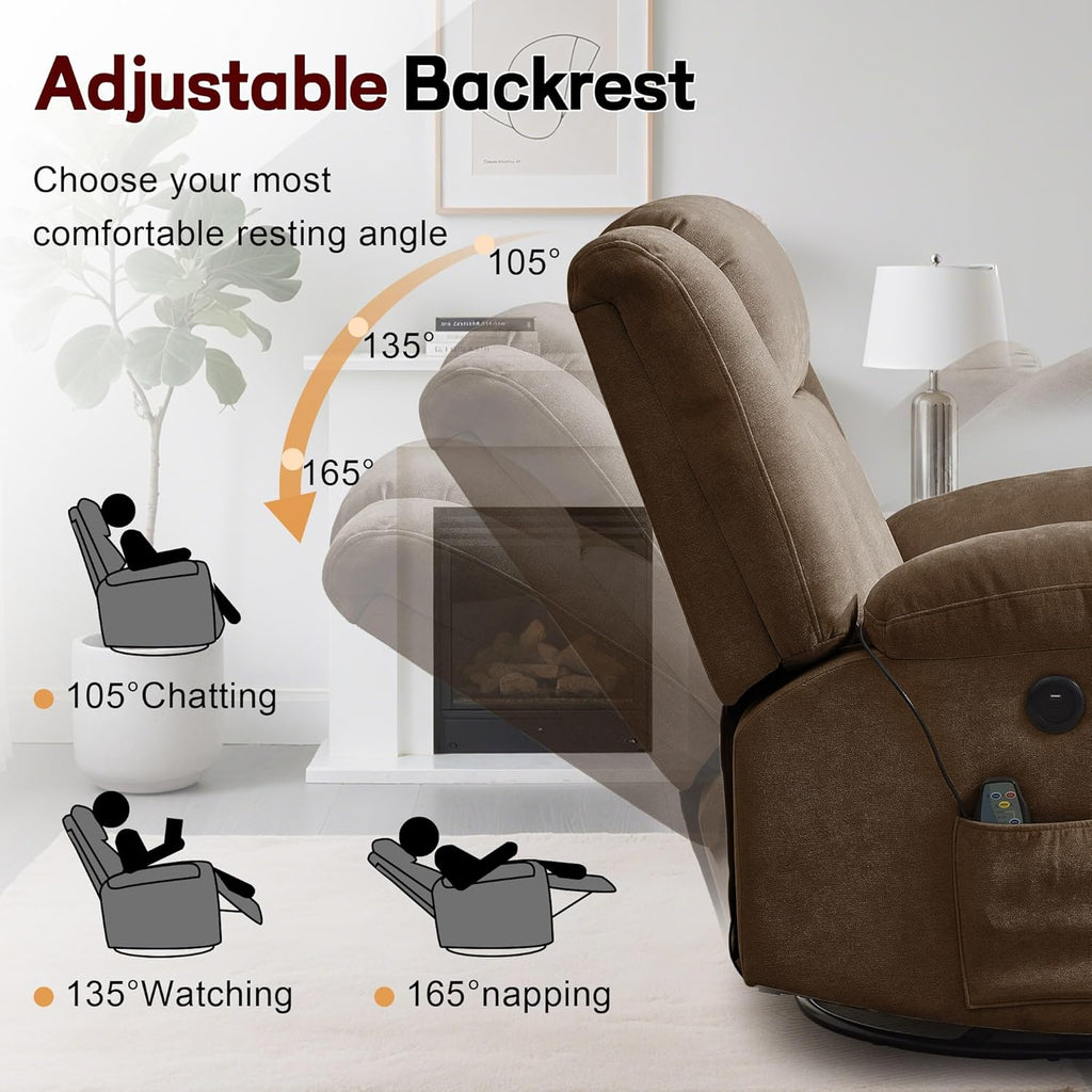 Adult rocking chair, gliding recliner, 360° rotating rocking chair with massage and heating function