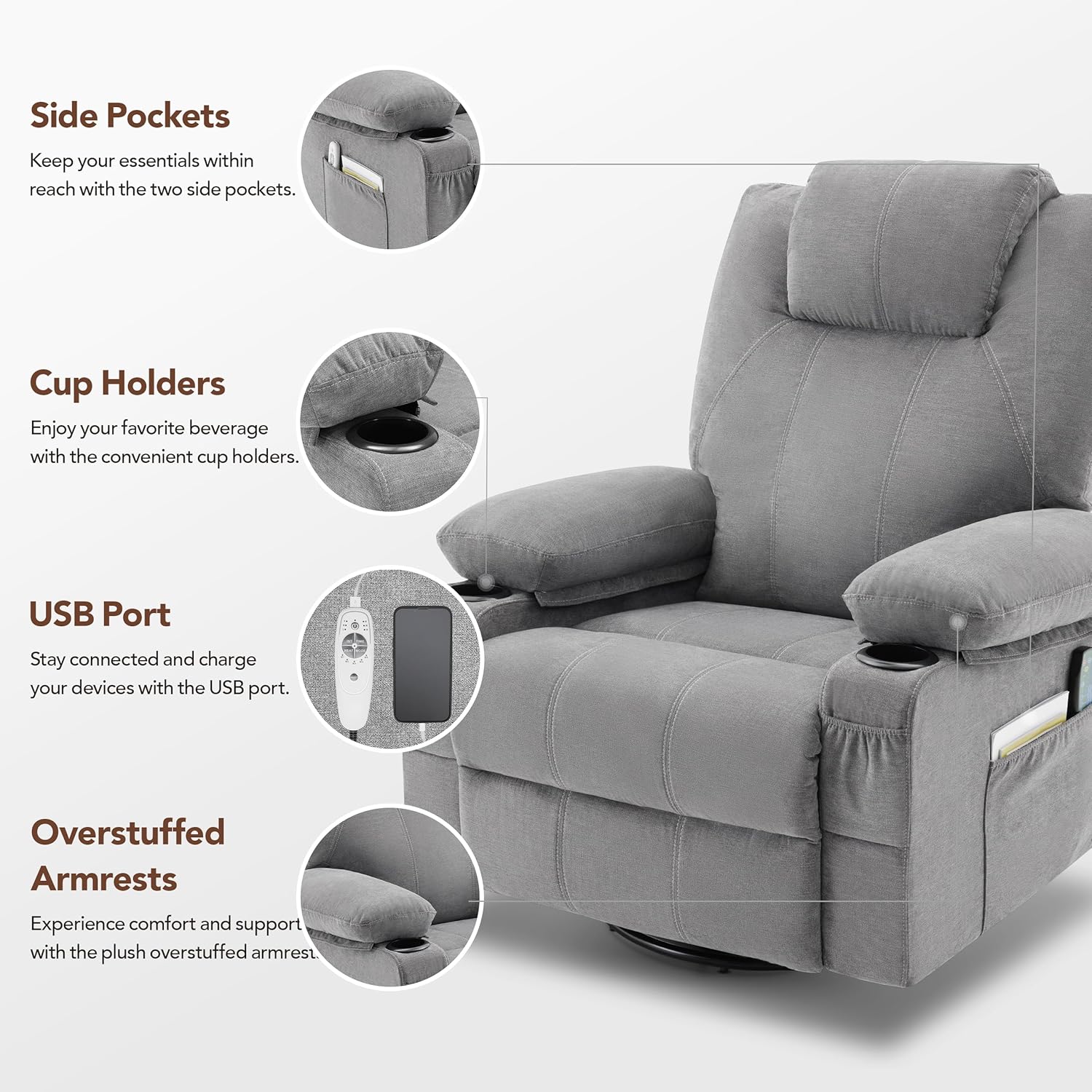 Large Swivel Rocking Recliner with Heating and Massage Function, 360 Degree Swivel Rocking Single Sofa
