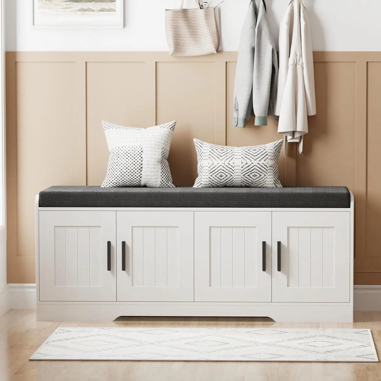 2-Tier Storage Bench, Shoe Bench with Thickened Padded Seat Cushion, Entryway Bench with 4 Doors, Adjustable Shelf, 13.8 D x 45.3 W x 18.5 H, for Entryway, Living Room, Bedroom, White