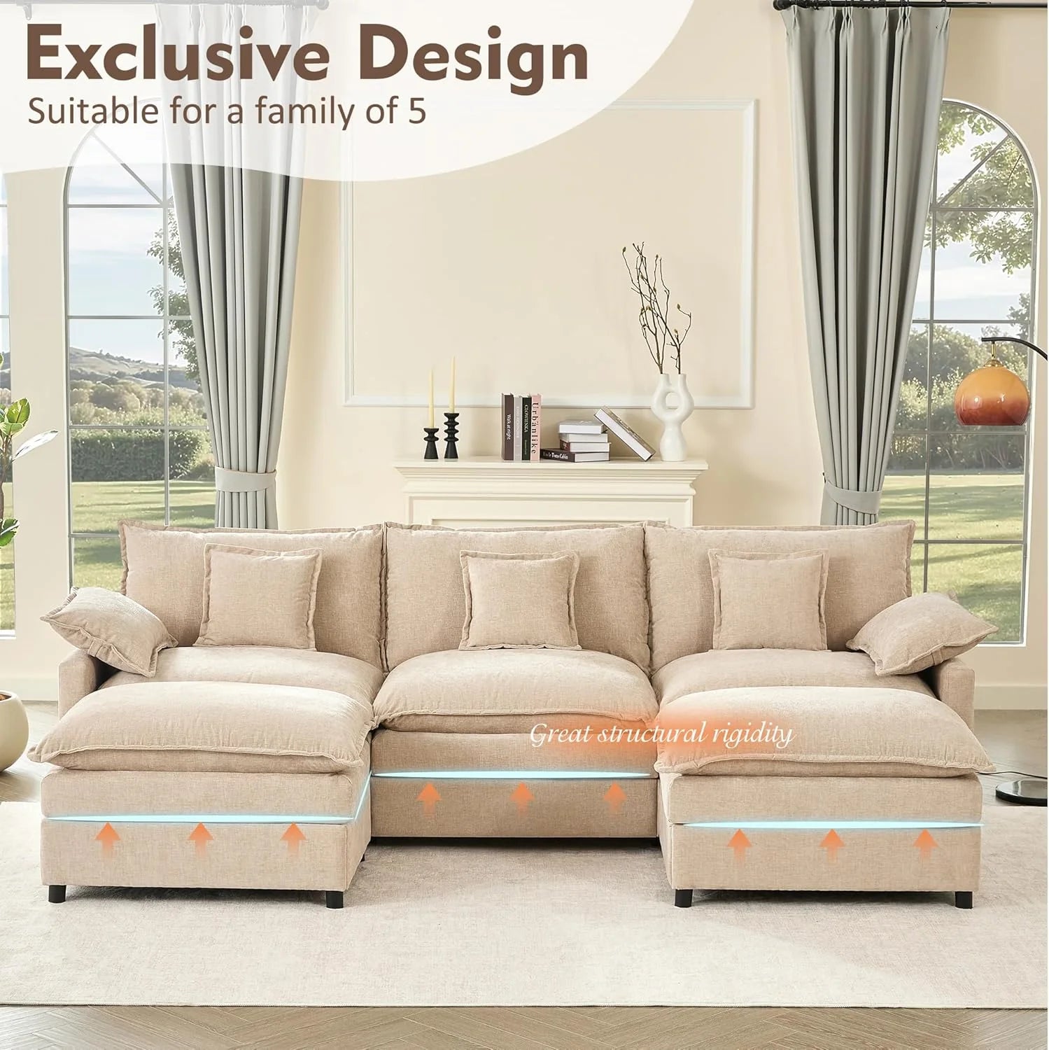 108 Inch U Shape Sofa Sectional Sofa Comfortable Cloud Sofa with Removable Footstool