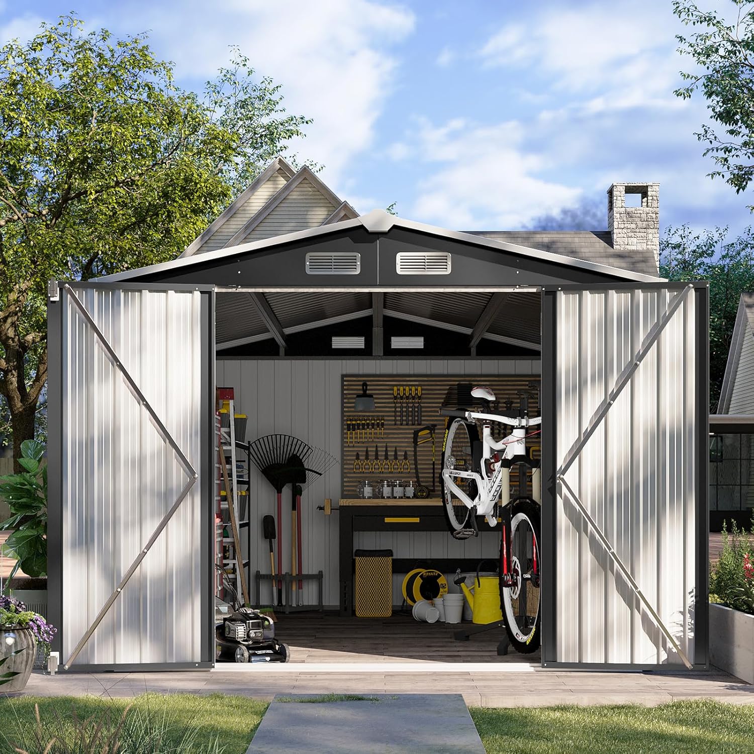 Aoxun 12x10 FT Shed Metal Outdoor Waterproof Storage Shed Steel Utility Garden Tool Shed