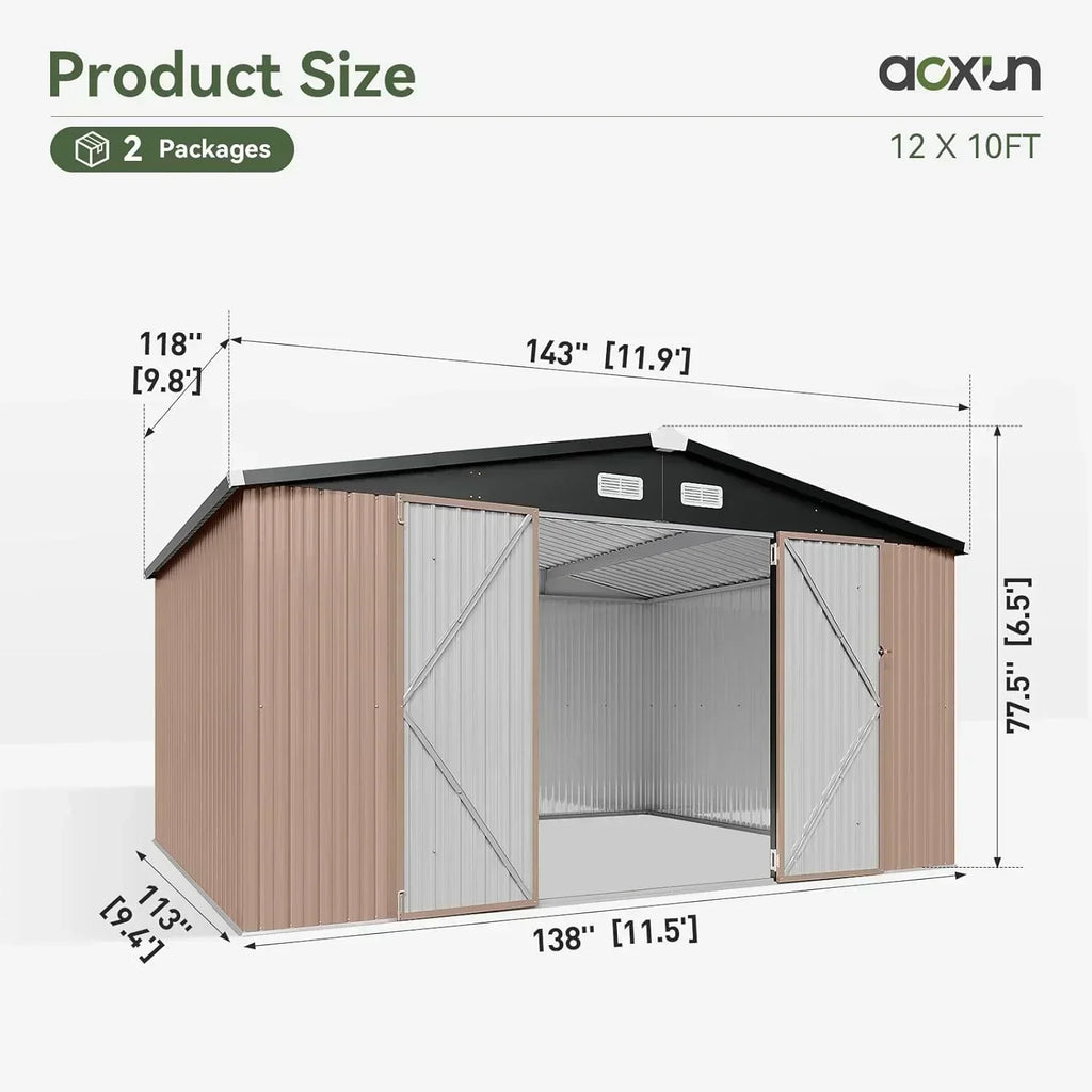 Aoxun 12x10 FT Shed Metal Outdoor Waterproof Storage Shed Steel Utility Garden Tool Shed