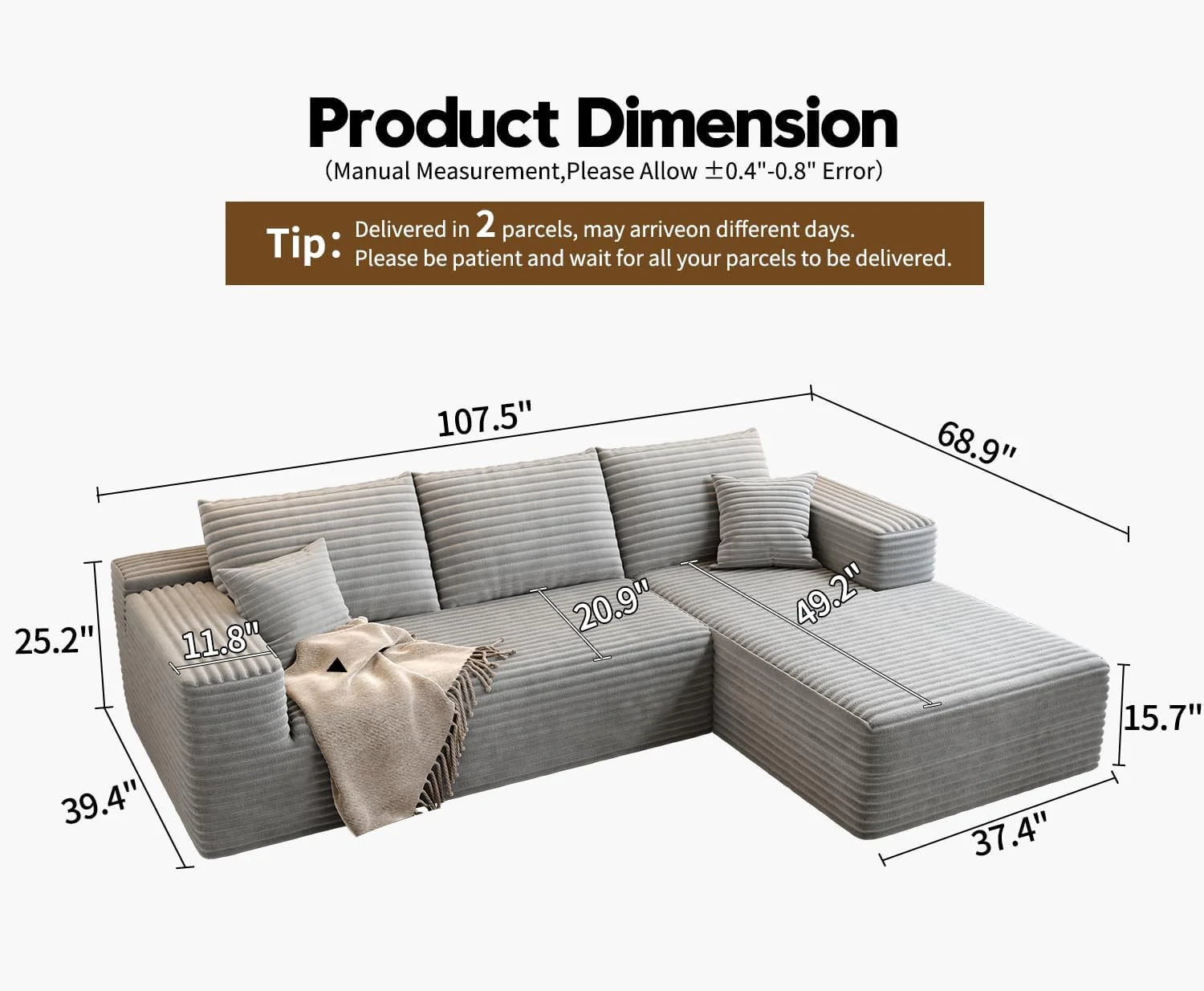 107.5 inch Cloud Modular Sectional Sofa with L-Shaped Chaise Lounge, Modern Minimalist Upholstered Sofa Deep Seating Corner Sofa