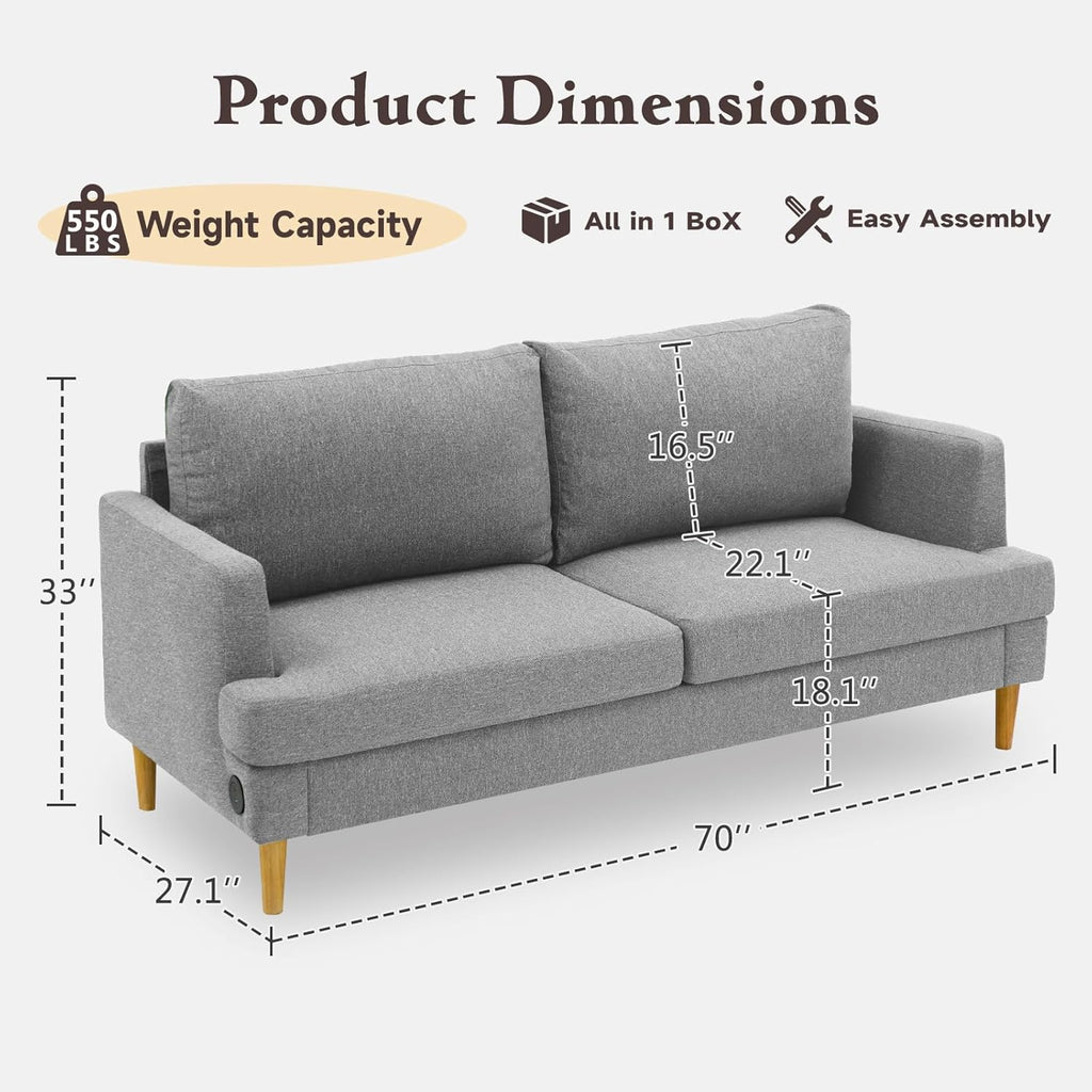 Loveseat Sofa Couch for Living Room USB Type C Ports Dark Gray Upholstered Small Couches