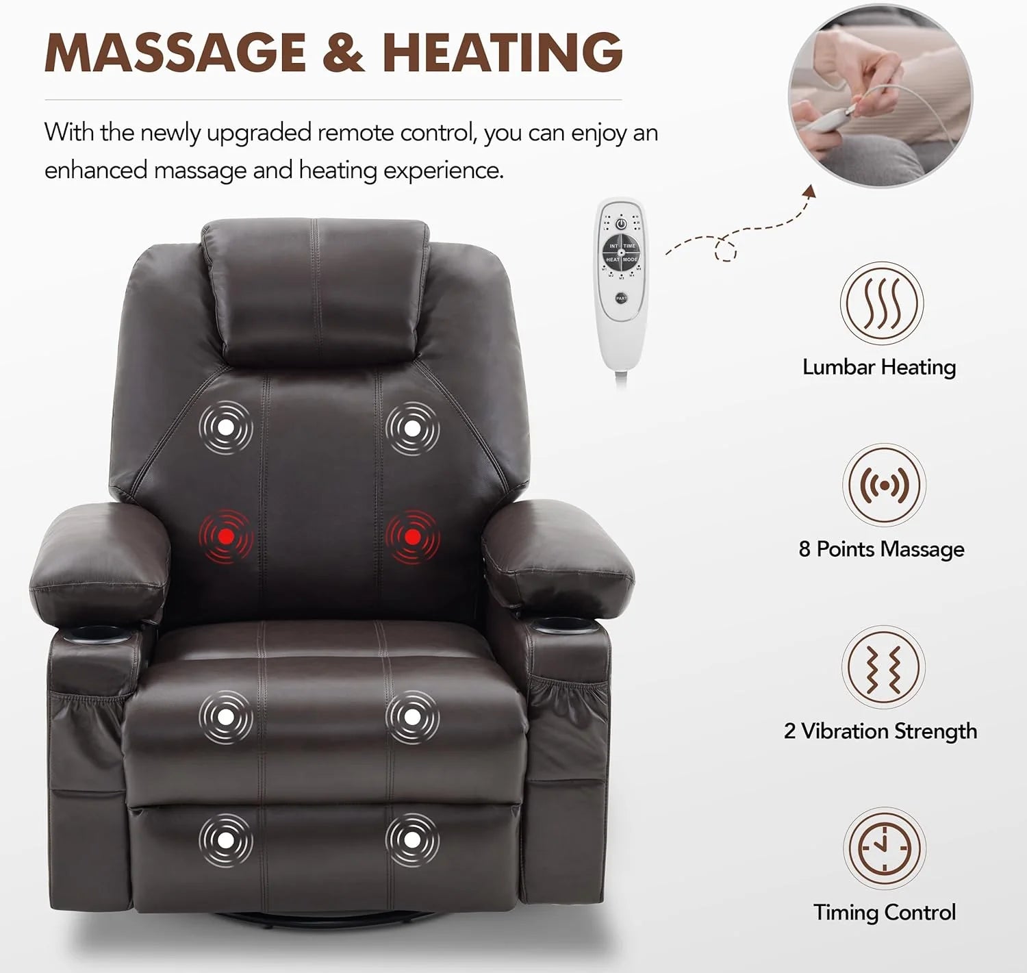 Large Swivel Rocking Recliner with Heating and Massage Function, 360 Degree Swivel Rocking Single Sofa