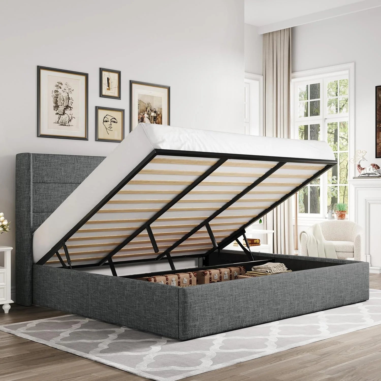 Allewie Queen Size Lift Up Storage Bed Modern Wingback Headboard Hydraulic Support