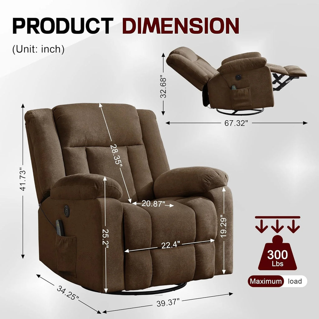 Adult rocking chair, gliding recliner, 360° rotating rocking chair with massage and heating function