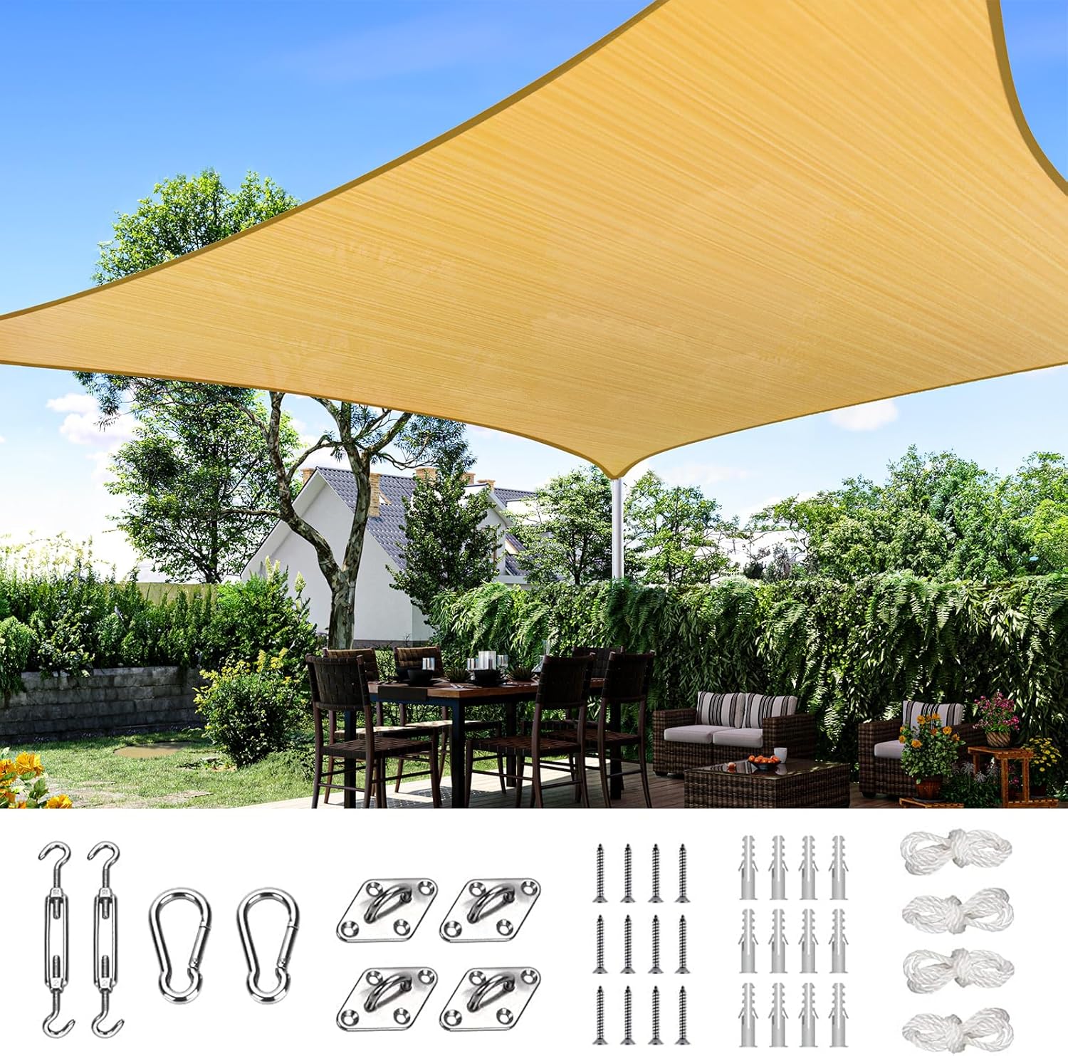 Quictent 20X20FT 185G HDPE Square Sun Shade Sail Canopy 98% UV Block Outdoor Patio Garden with Hardware Kit (Brown)