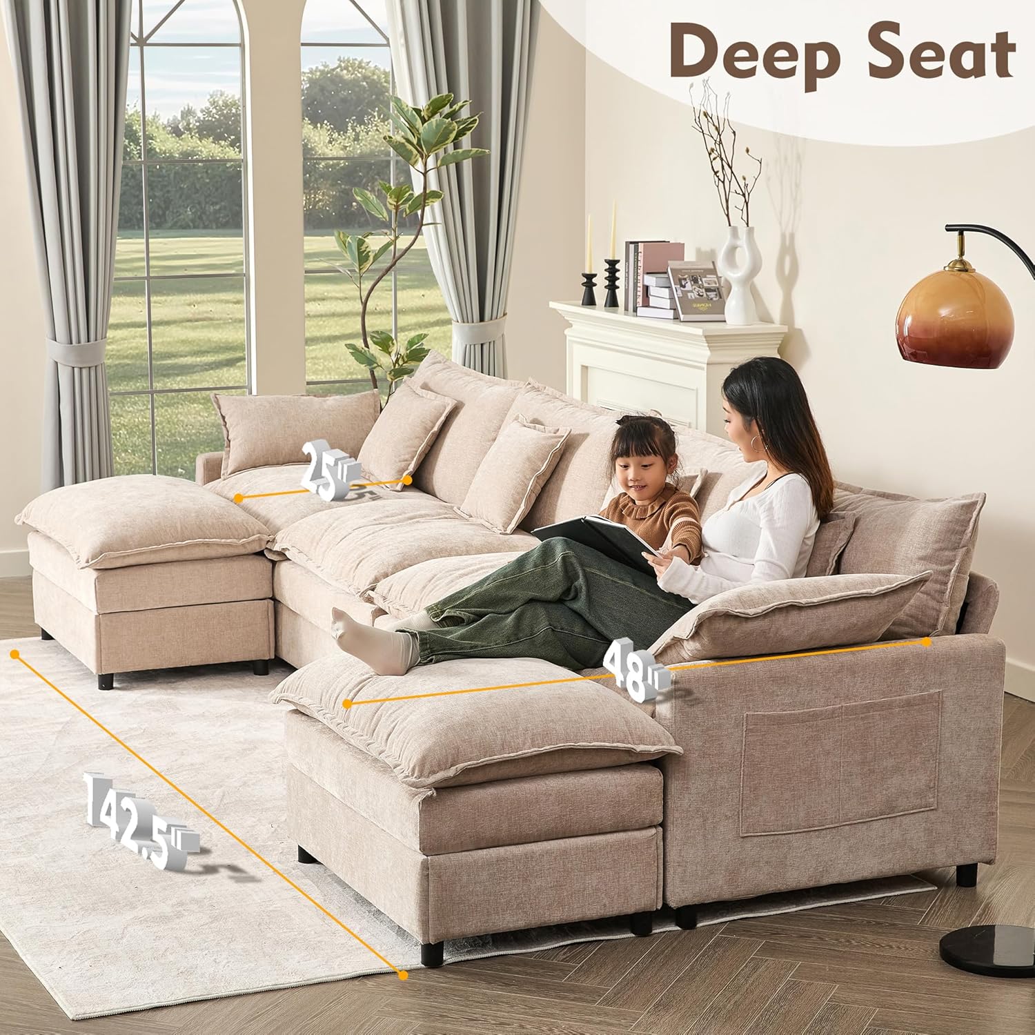 108 Inch U Shape Sofa Sectional Sofa Comfortable Cloud Sofa with Removable Footstool