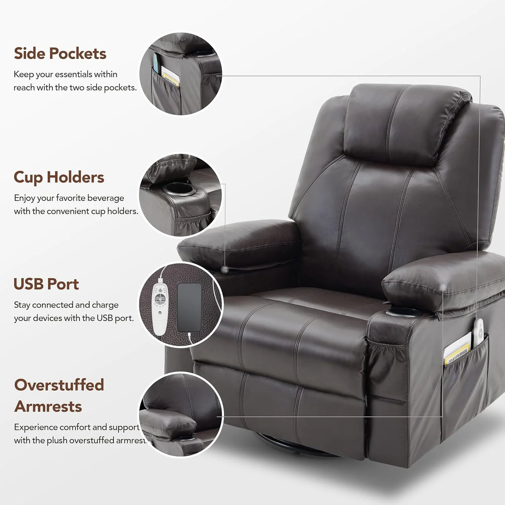 Large Swivel Rocking Recliner with Heating and Massage Function, 360 Degree Swivel Rocking Single Sofa