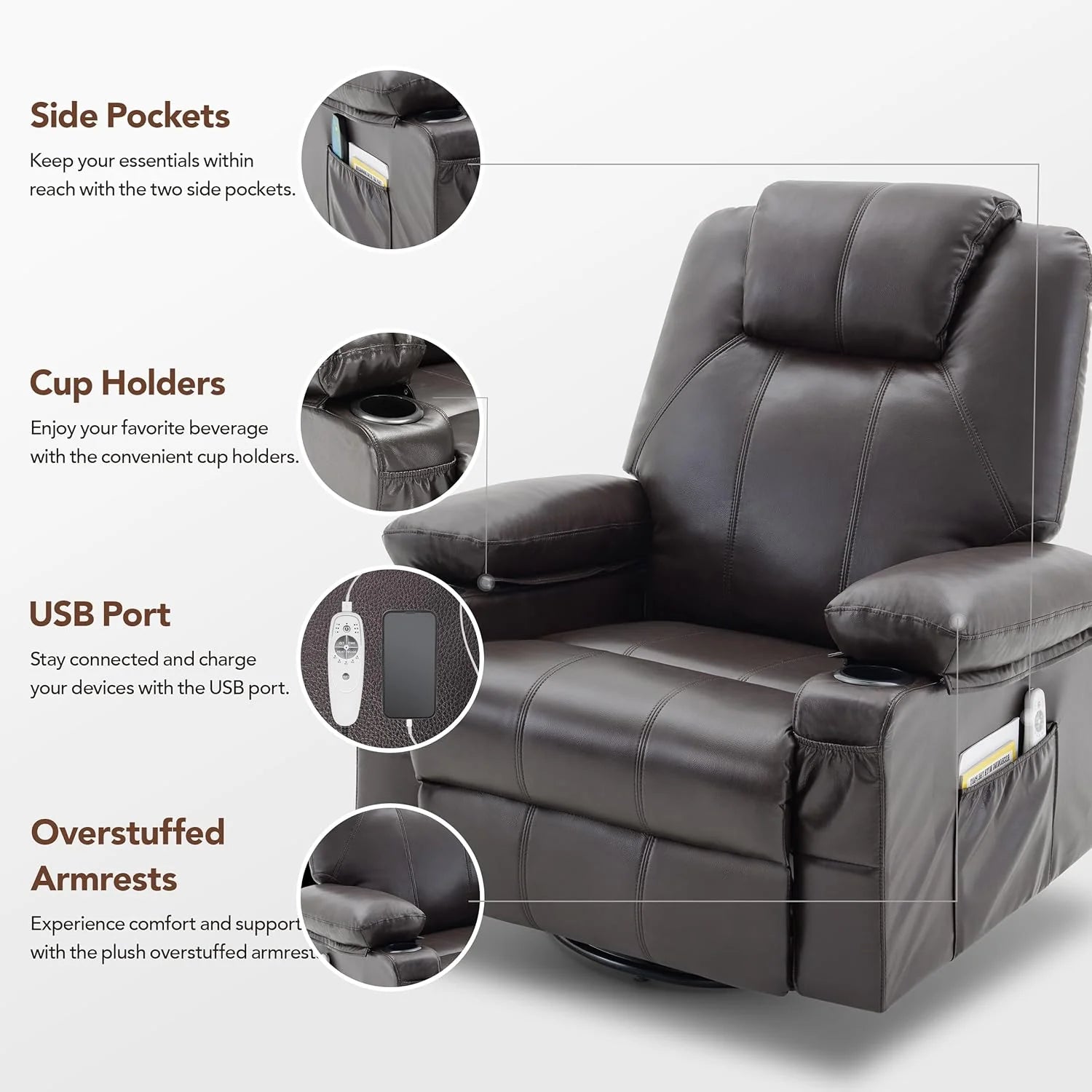 Large Swivel Rocking Recliner with Heating and Massage Function, 360 Degree Swivel Rocking Single Sofa