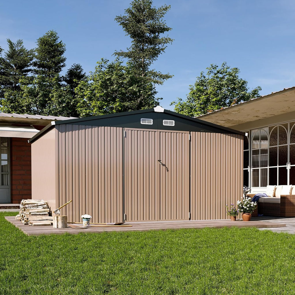 Aoxun 12x10 FT Shed Metal Outdoor Waterproof Storage Shed Steel Utility Garden Tool Shed