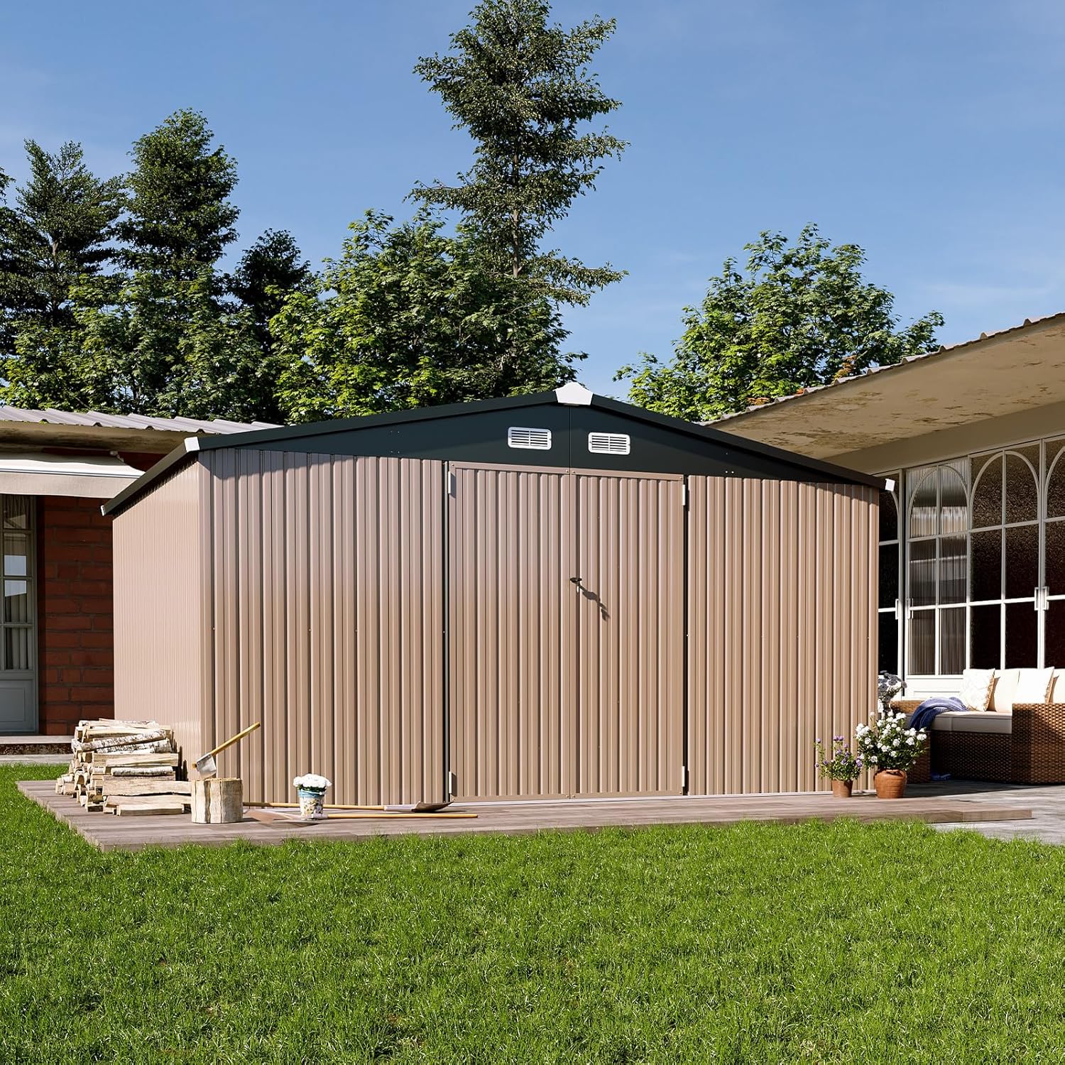 Aoxun 12x10 FT Shed Metal Outdoor Waterproof Storage Shed Steel Utility Garden Tool Shed