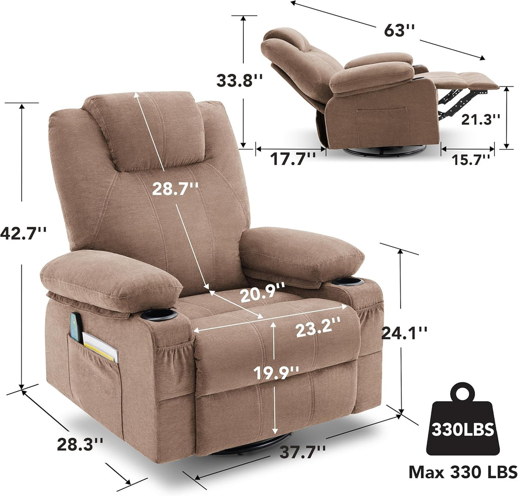 Large Swivel Rocking Recliner with Heating and Massage Function, 360 Degree Swivel Rocking Single Sofa