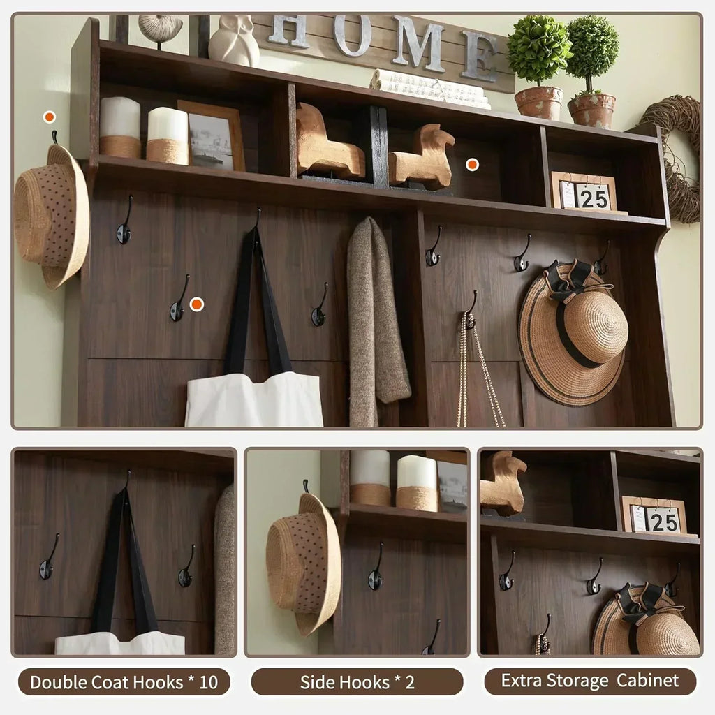JXQTLINGMU 59-inch Farmhouse Foyer Tree Shoe Storage Entryway Bench Foyer Coat Rack Cabinet