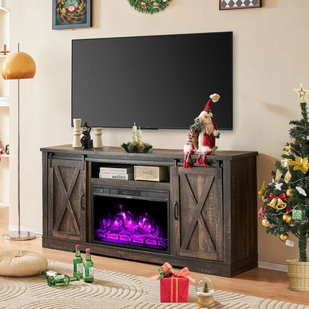 AMERLIFE Fireplace TV Stand with Sliding Barn Door for TVs up to 73, Farmhouse 63 Fireplace Entertainment Center with Storage Cabinets/Adjustable Shelves