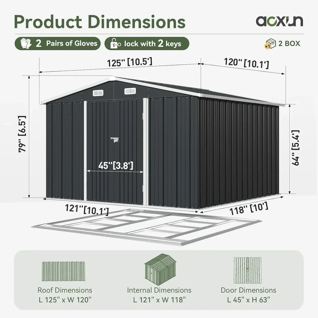 Aoxun 12x10 FT Shed Metal Outdoor Waterproof Storage Shed Steel Utility Garden Tool Shed