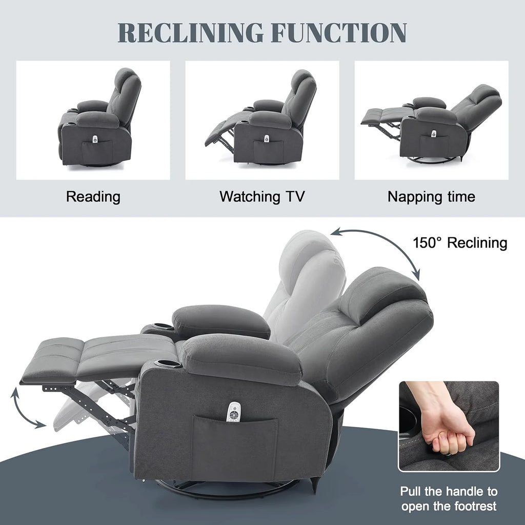 Large Swivel Rocking Recliner with Heating and Massage Function, 360 Degree Swivel Rocking Single Sofa