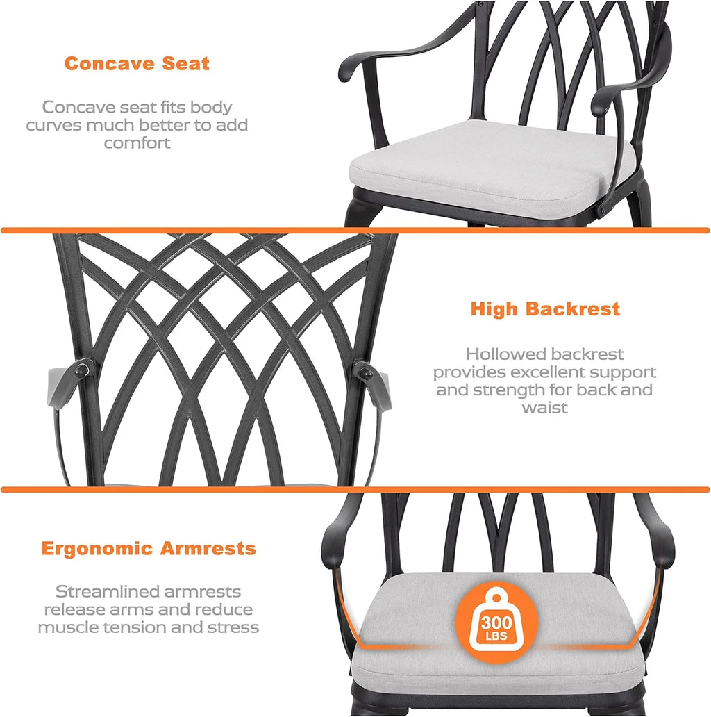 NUU GARDEN Bistro Set 3 Piece Outdoor Cast Aluminum Patio Bistro Set Patio Table and Chairs Set of 2 with Umbrella Hole and Gray Cushions, Black