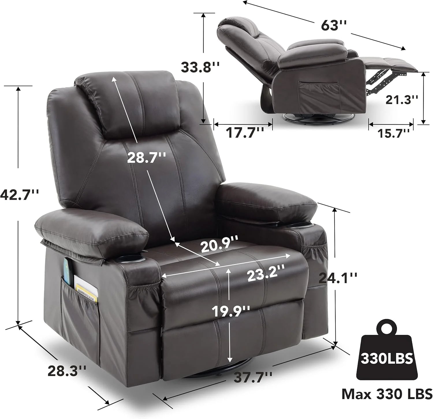 Large Swivel Rocking Recliner with Heating and Massage Function, 360 Degree Swivel Rocking Single Sofa