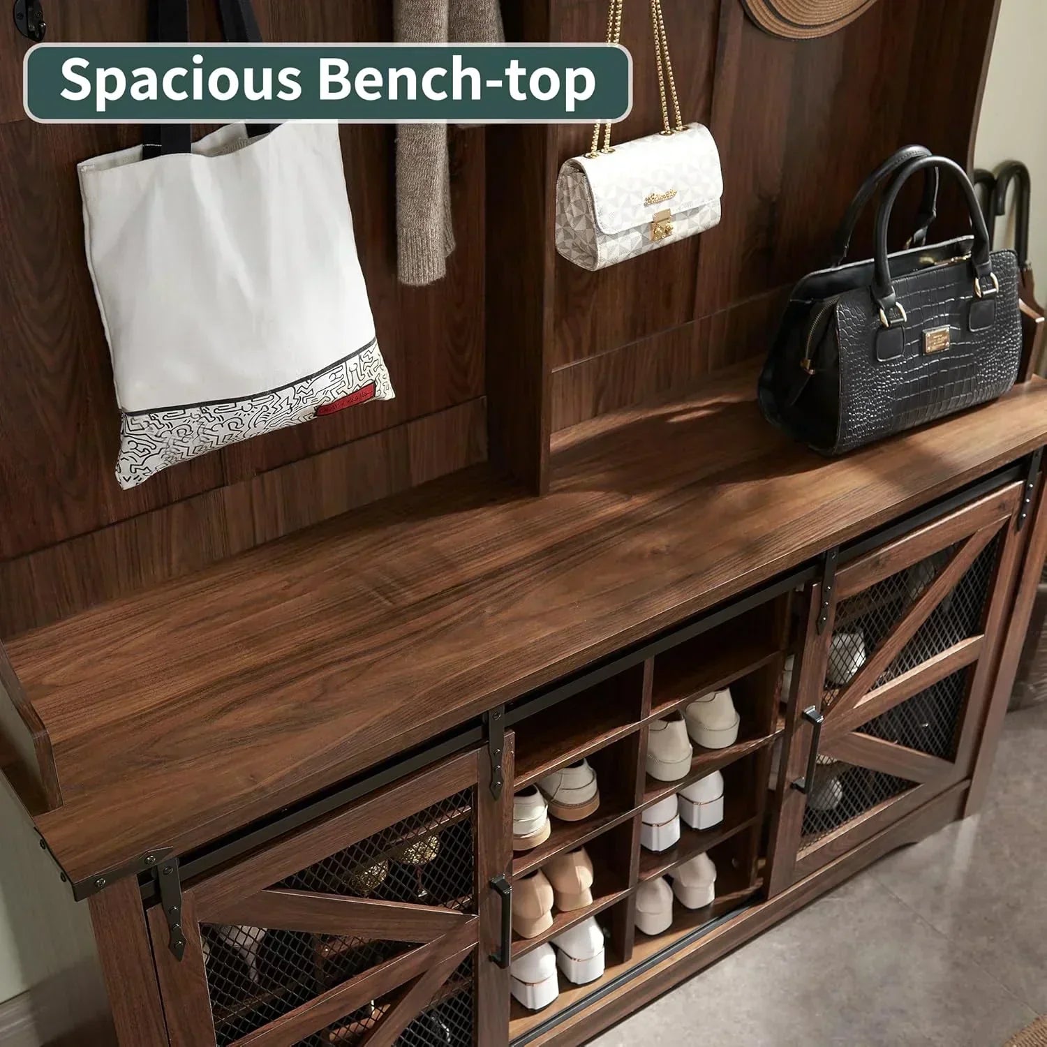 JXQTLINGMU 59-inch Farmhouse Foyer Tree Shoe Storage Entryway Bench Foyer Coat Rack Cabinet
