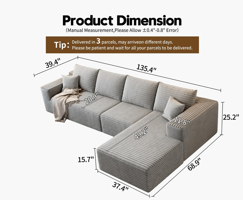 107.5 Cloud Modular Sectional Sofa Couch with L-Shape Chaise,Modern Minimalist Upholstered Couches