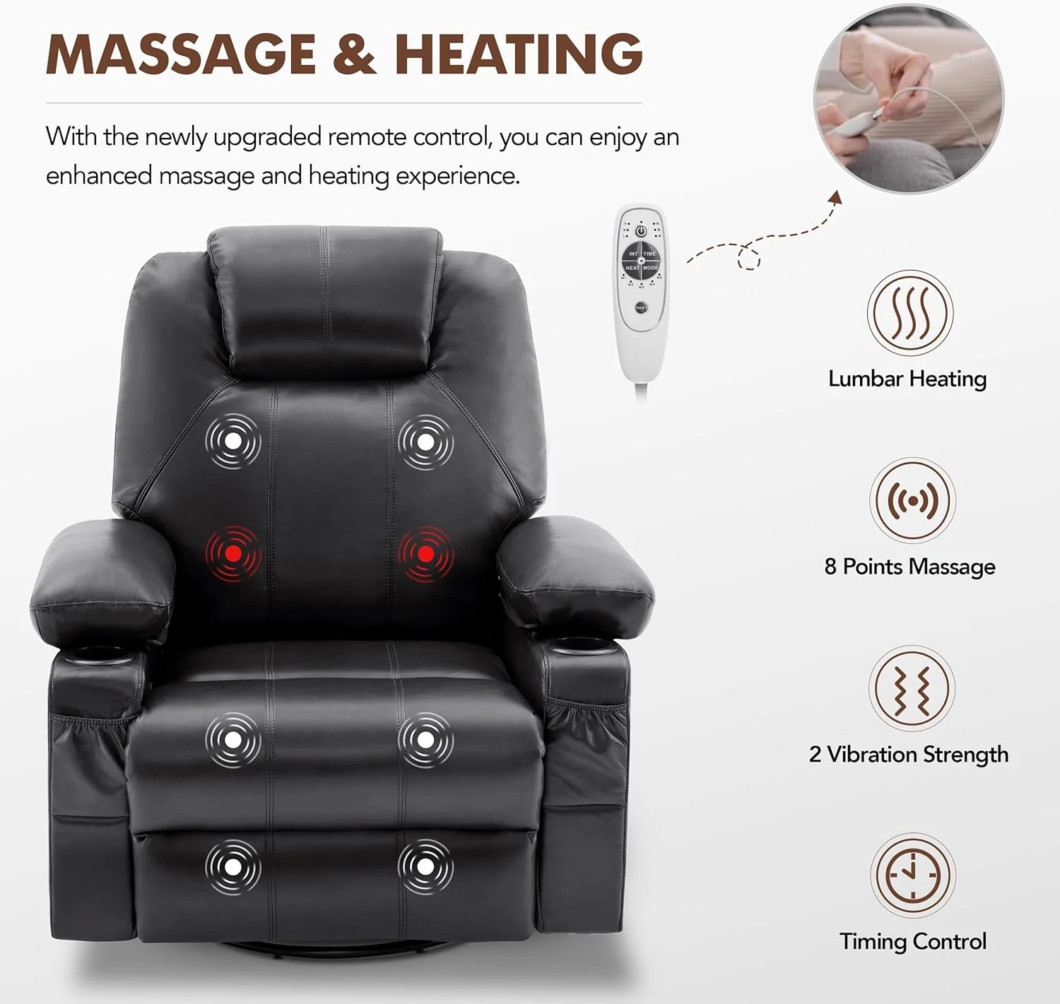 Large Swivel Rocking Recliner with Heating and Massage Function, 360 Degree Swivel Rocking Single Sofa