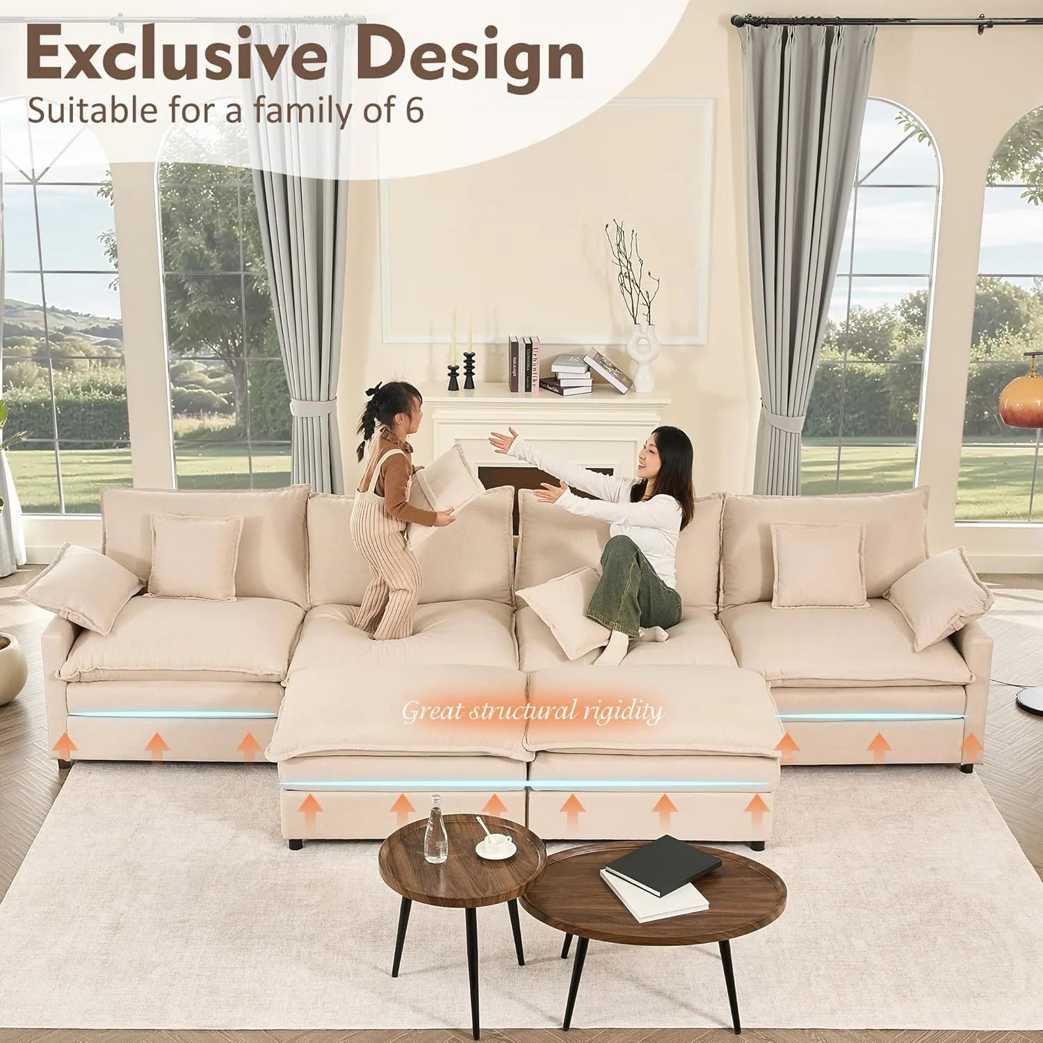 108 Inch U Shape Sofa Sectional Sofa Comfortable Cloud Sofa with Removable Footstool