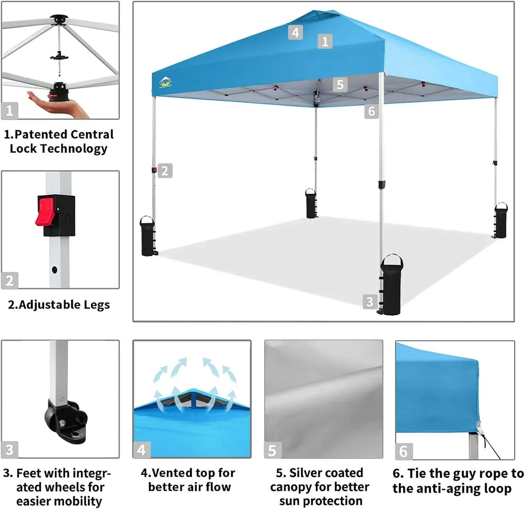 10x10 Pop-Up Awning One-Click Installation Beach Tent Outdoor Sunshade Silver Coated Top